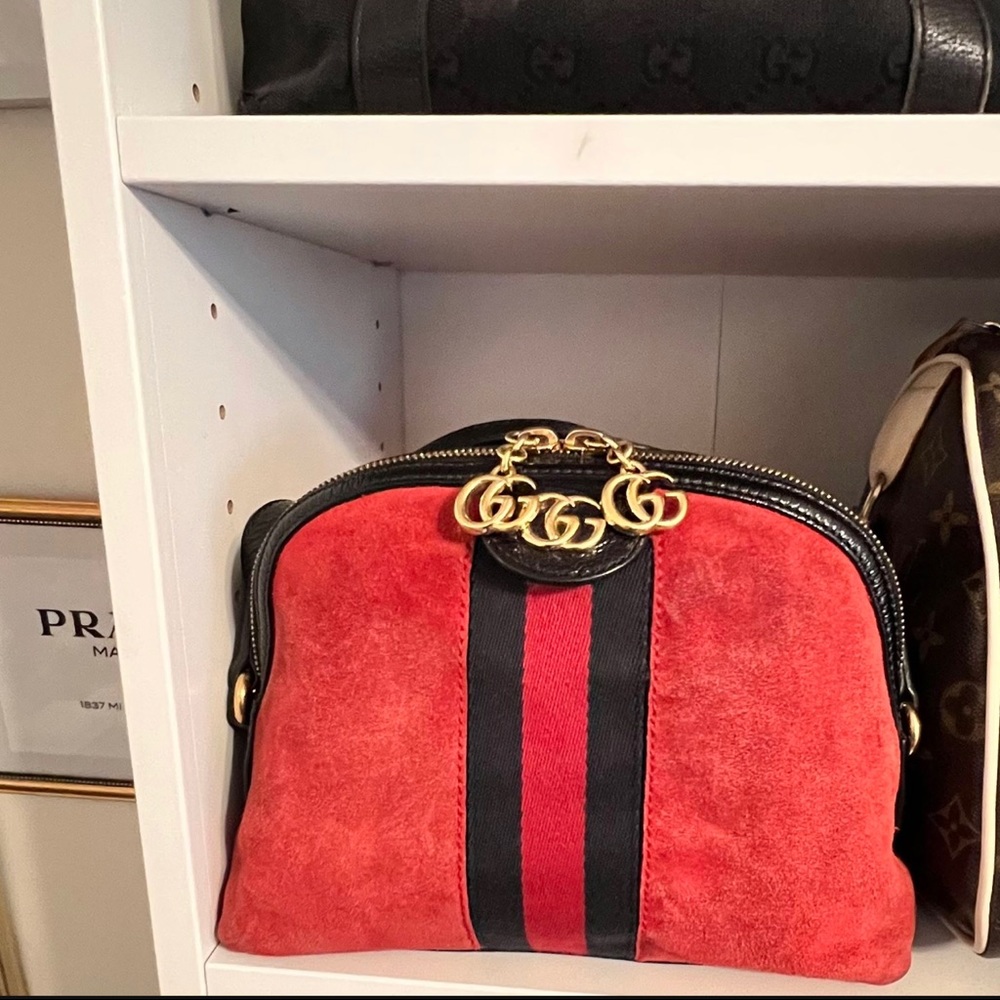 Gucci Red Suede Crossbody with Black/Red Web and Gold GG Hardware